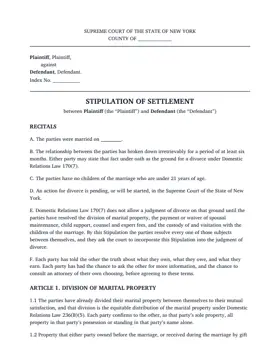 First page of the Stipulation of Settlement / Settlement Agreement form