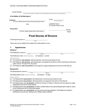 First page of the Final Decree of Divorce (Set A or D) form
