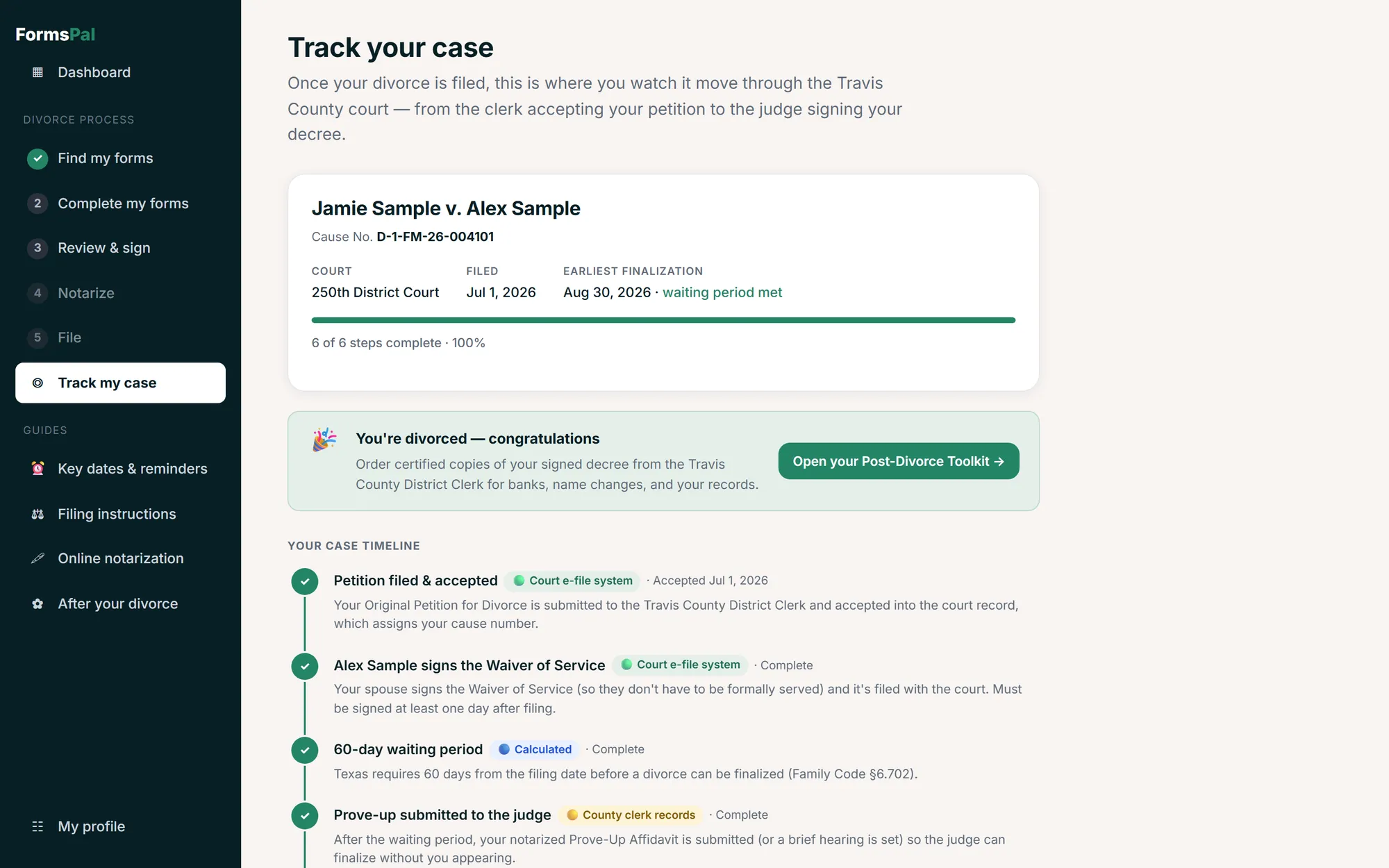 The case tracker: a milestone timeline where each update is labeled with its source — court e-file system, county clerk records, or a calculated date
